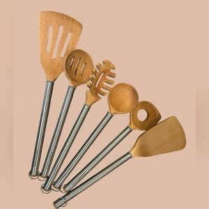 Lagostina Luxury Wooden Cooking Utensils - Stainless Steel Handles - Set of 6